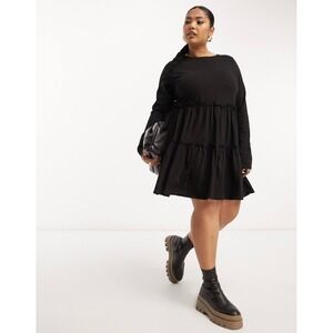 ASOS Curve River Island Plus Black Long Sleeve Tiered Mini Dress Size 20